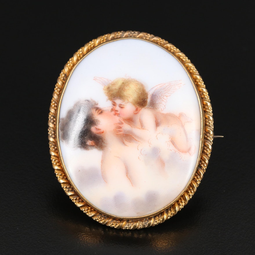 Antique Porcelain Hand Painted Psyche and Cupid Brooch