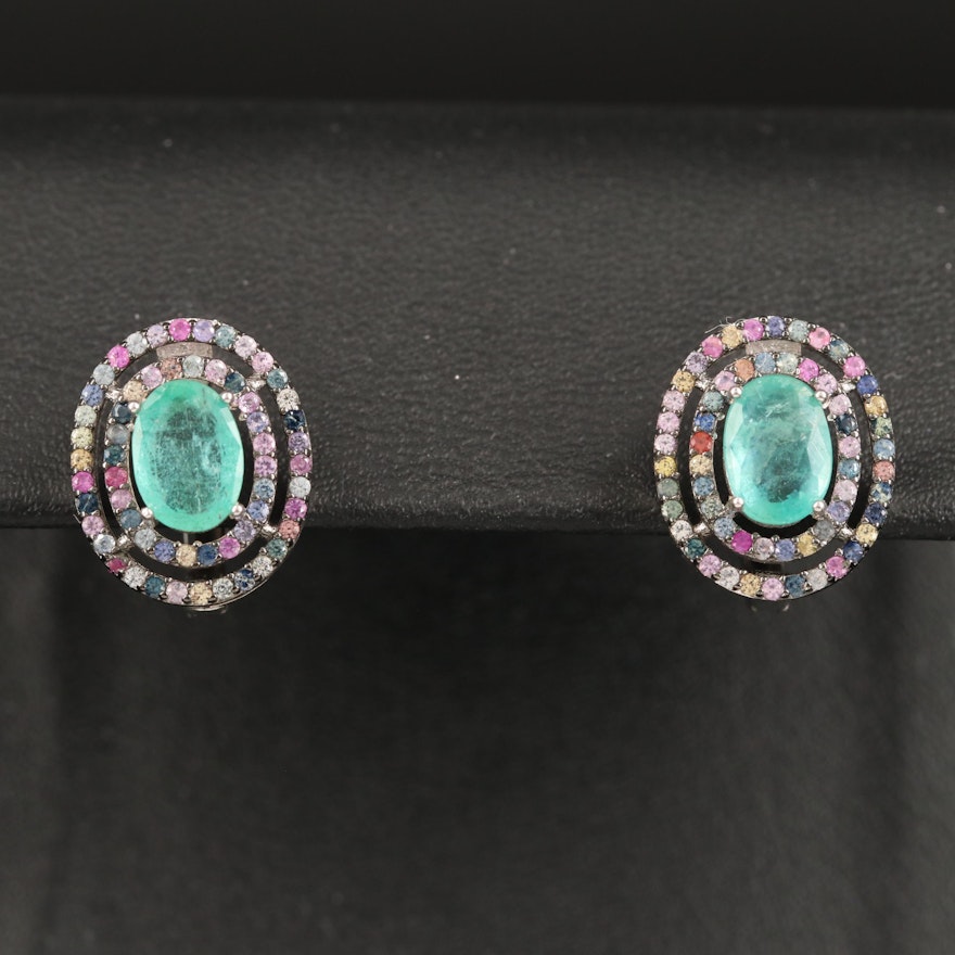 Sterling Silver Emerald and Sapphire Halo Earrings