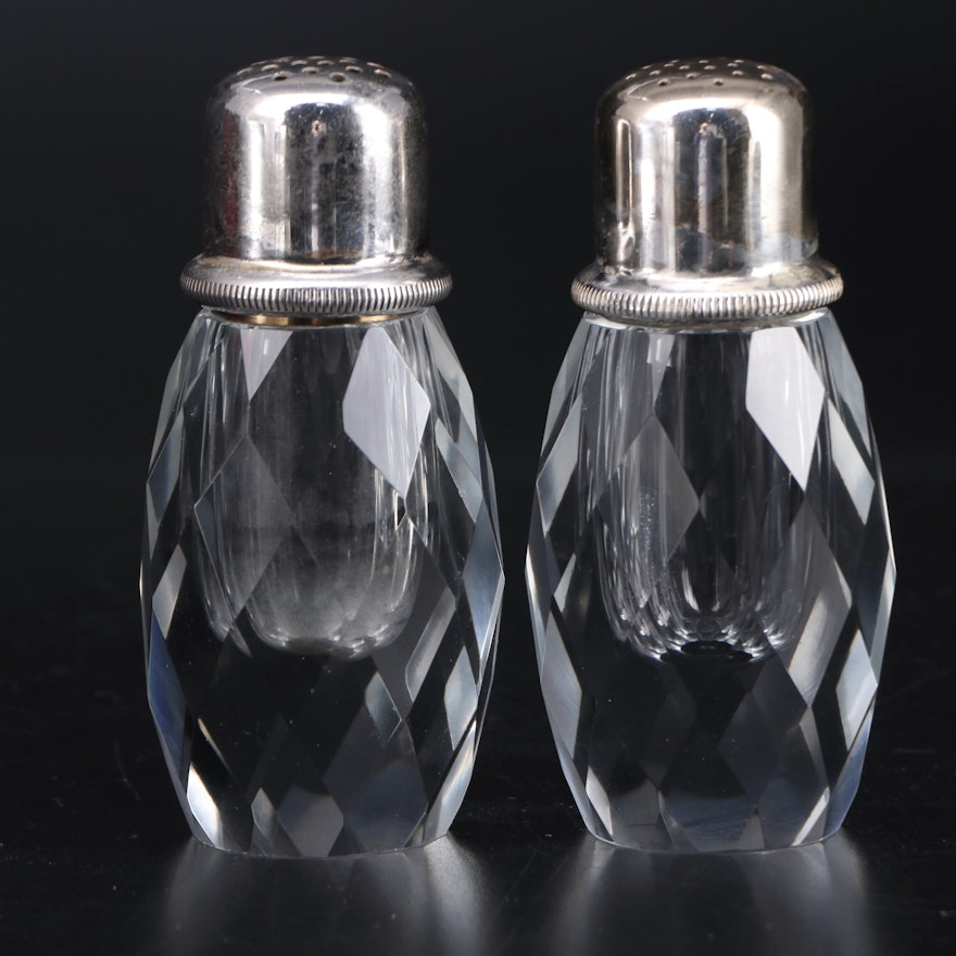 Faceted Crystal and Silver Plate Pepper Mill and Shaker in Presentation Box