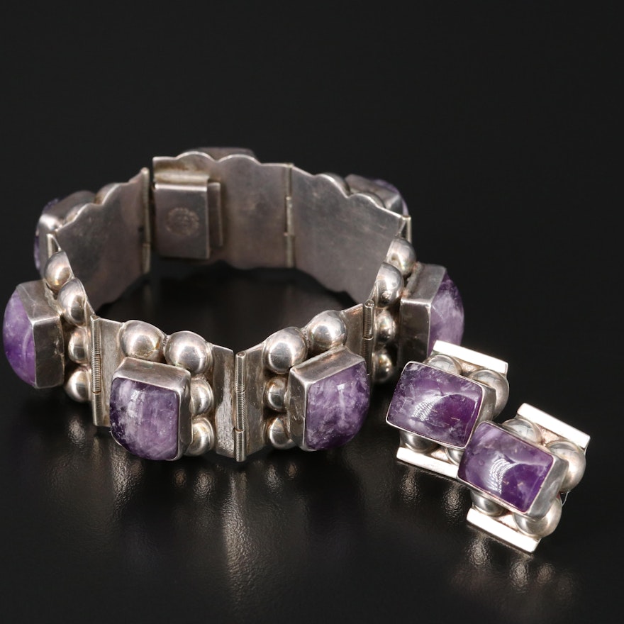 Sterling Silver Amethyst Matching Link Bracelets and Earring Set