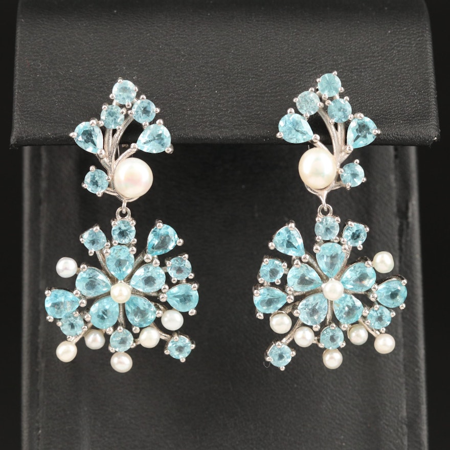 Sterling Silver Apatite and Pearl Floral Dangle Earrings `