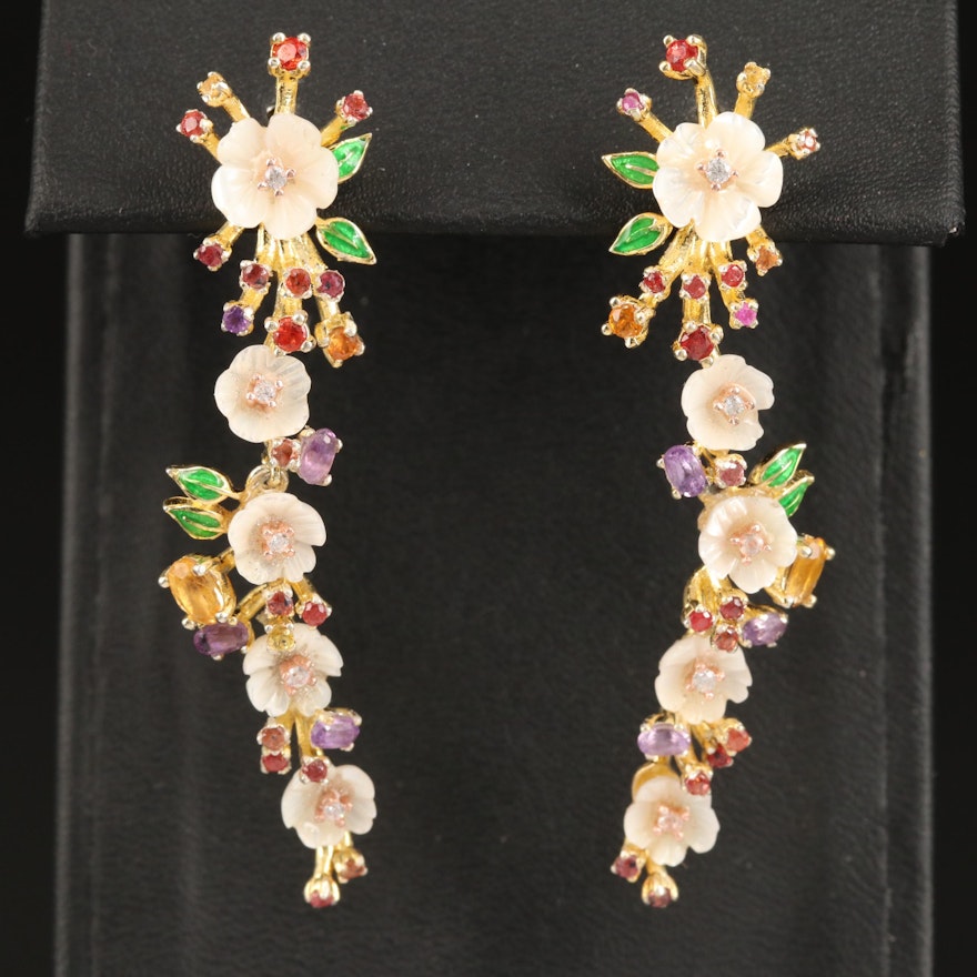 Sterling Flower Earrings with Sapphire, Amethyst, Citrine and Enamel