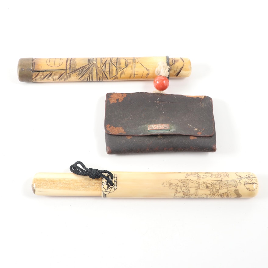 Japanese Kiseru with Carved Musozutsu Cases and Leather Tobacco Pouch