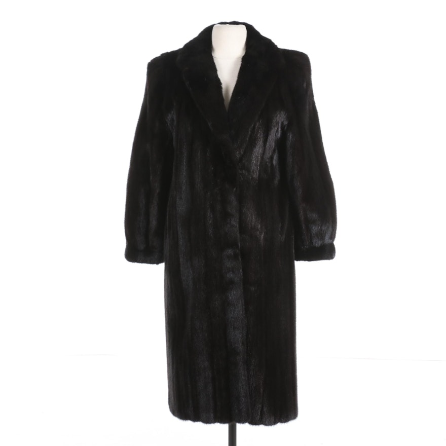 Dark Mink Fur Coat with Banded Cuffs and Embroidered Lining