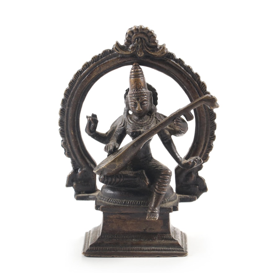 Indian Saraswati Brass Deity Figurine Under Arch Playing the Veena