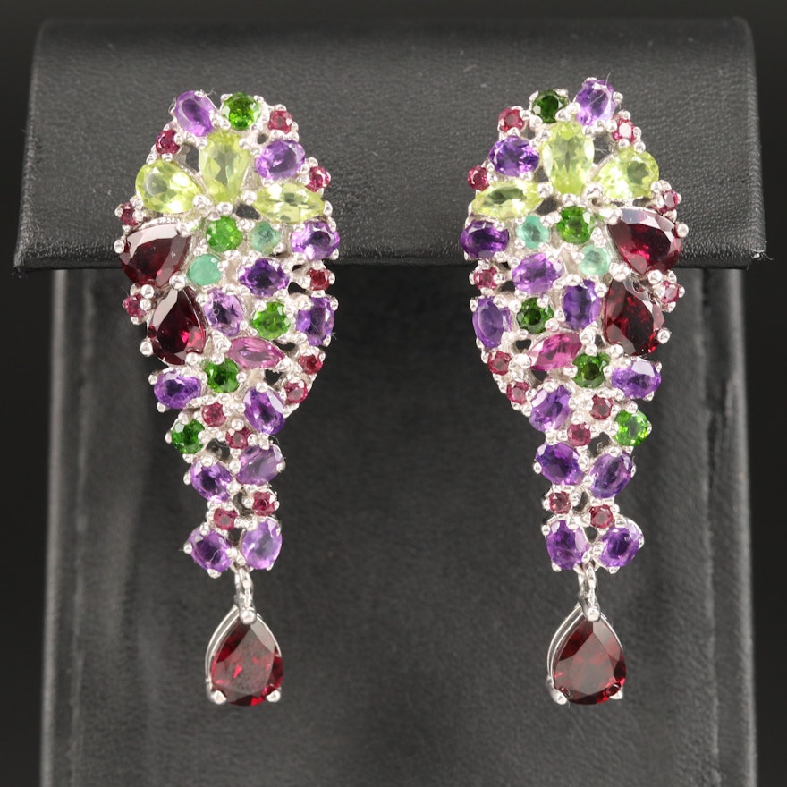 Sterling Garnet, Amethyst, Peridot, Emerald and Diopside Cluster Earrings