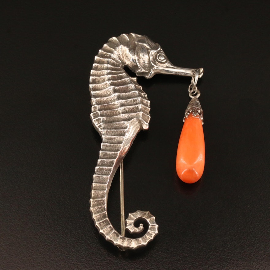 Vintage Black, Starr, Gorham by CINI Sterling Coral Seahorse Brooch