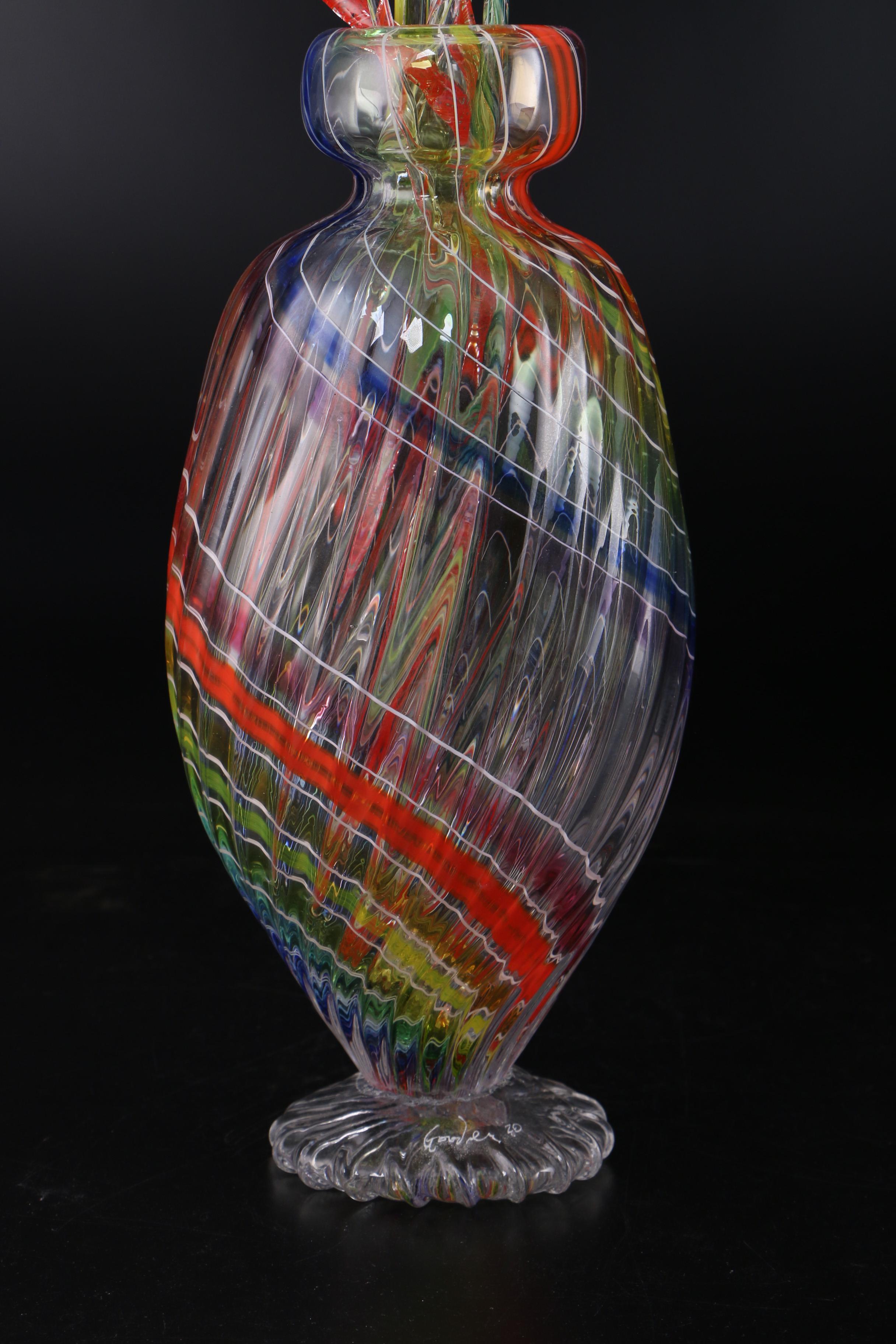 Darren Goodman Hand-Blown Reticello Glass Vase with Flowers, 2020