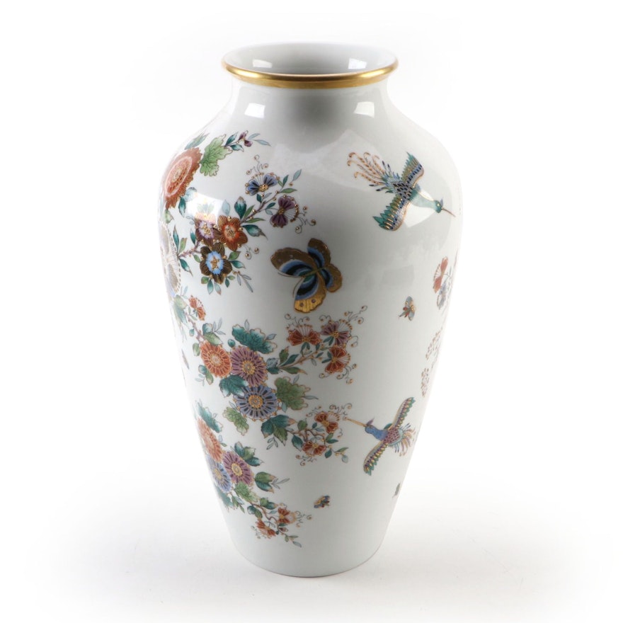 German Hand-Painted Porcelain Vase with Floral Motif, Mid to Late 20th C.
