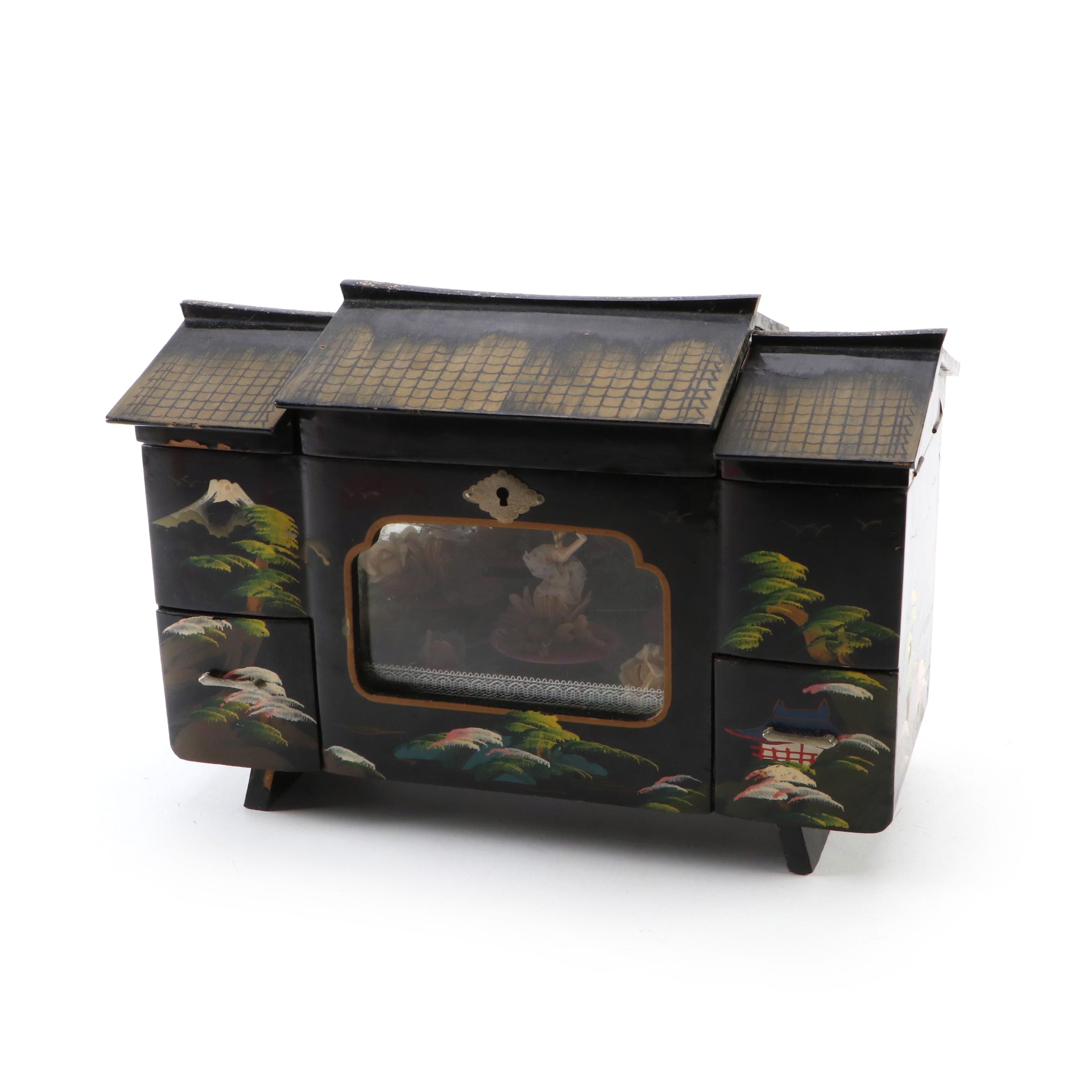 Toyo Japan Lacquer Wood Musical Jewelry Box, Mid-20th Century