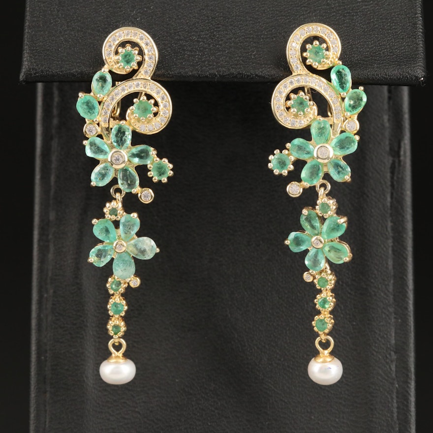 Sterling Silver Emerald, Pearl and Cubic Zirconia Floral Dangle Earrings