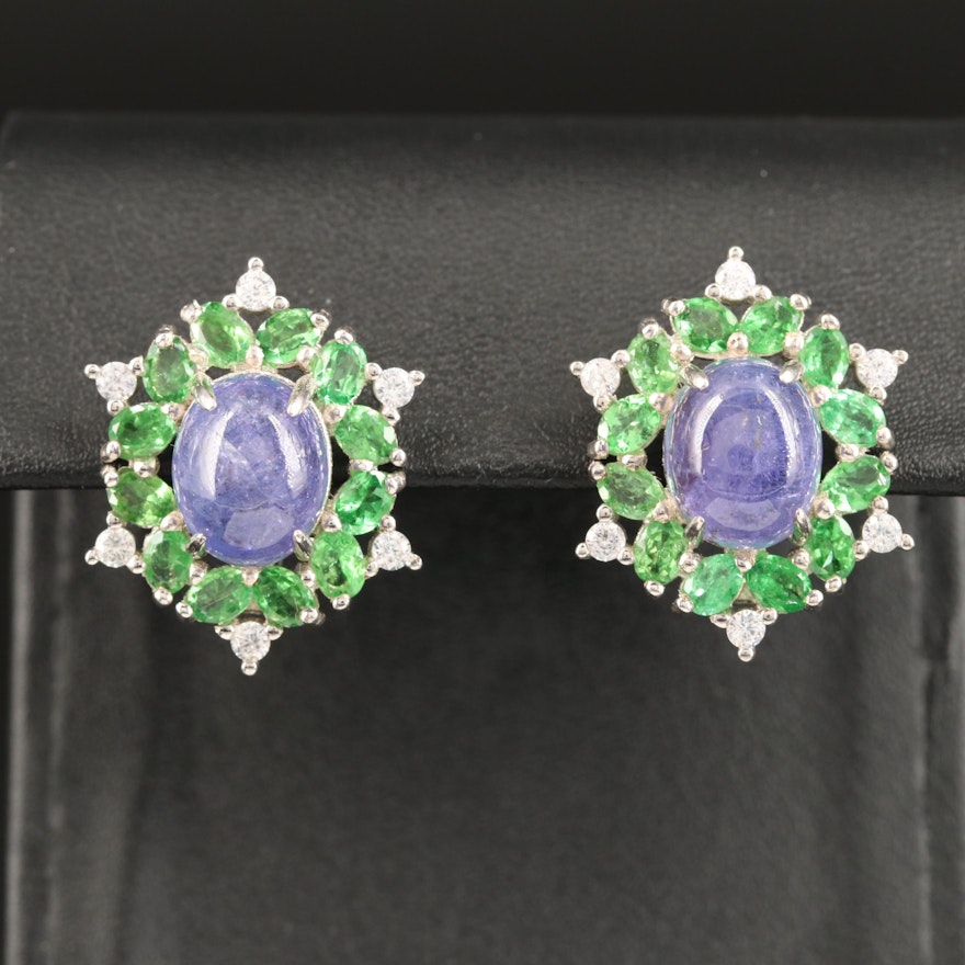 Sterling Silver Tanzanite, Diopside and Cubic Zirconia Oval Cluster Earrings