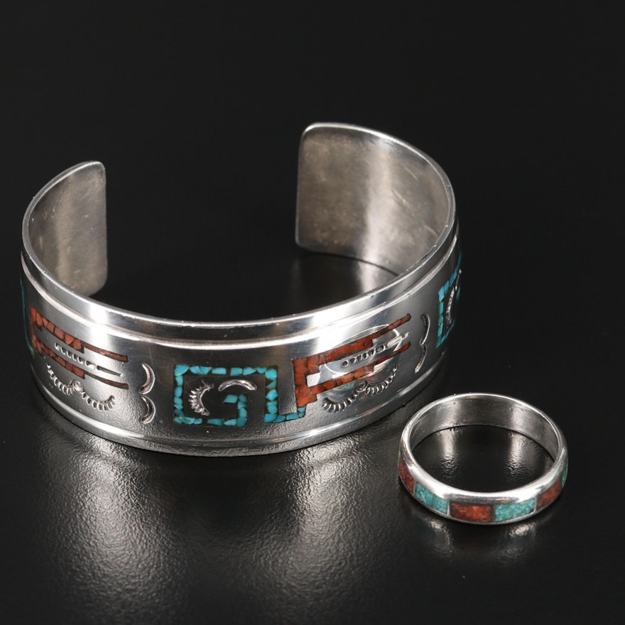 Western Style Sterling, Coral and Turquoise Bracelet and Ring
