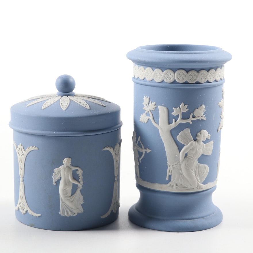 Wedgwood Blue Japerware Vase and Covered Jar