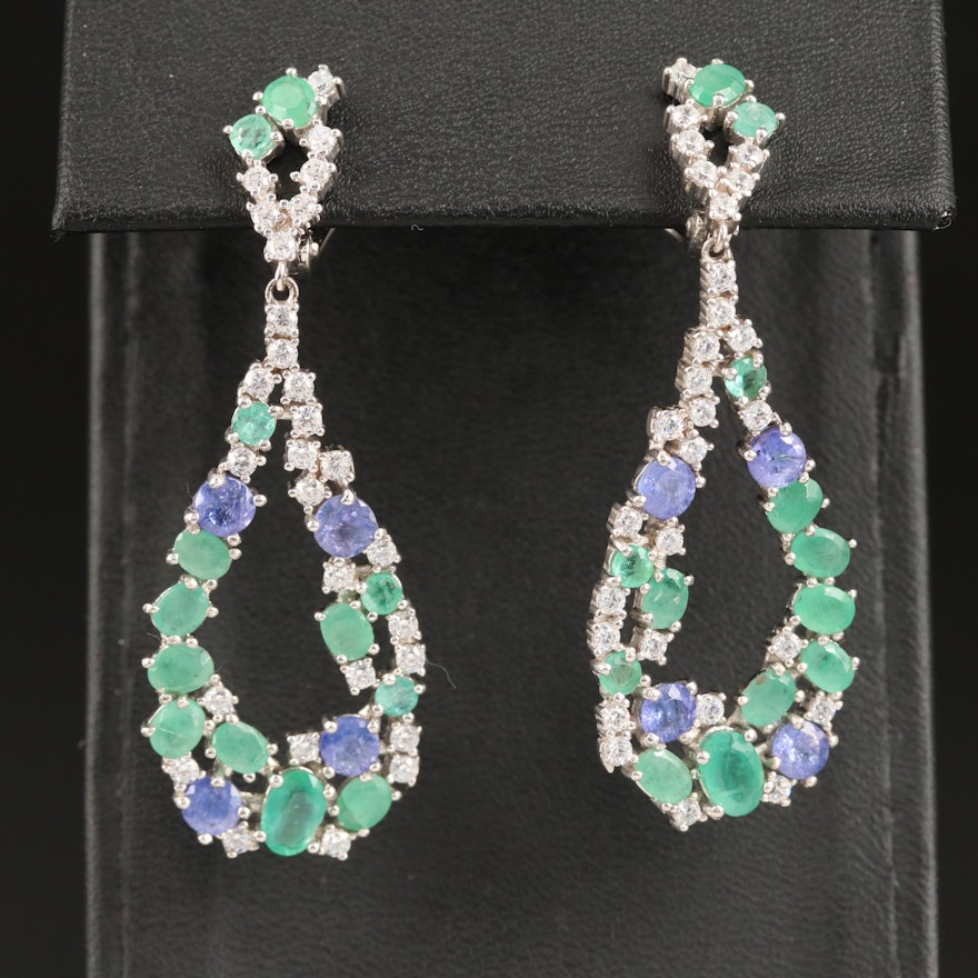 Sterling Teardrop Dangle Earrings with Emerald, Tanzanite and Cubic Zirconia