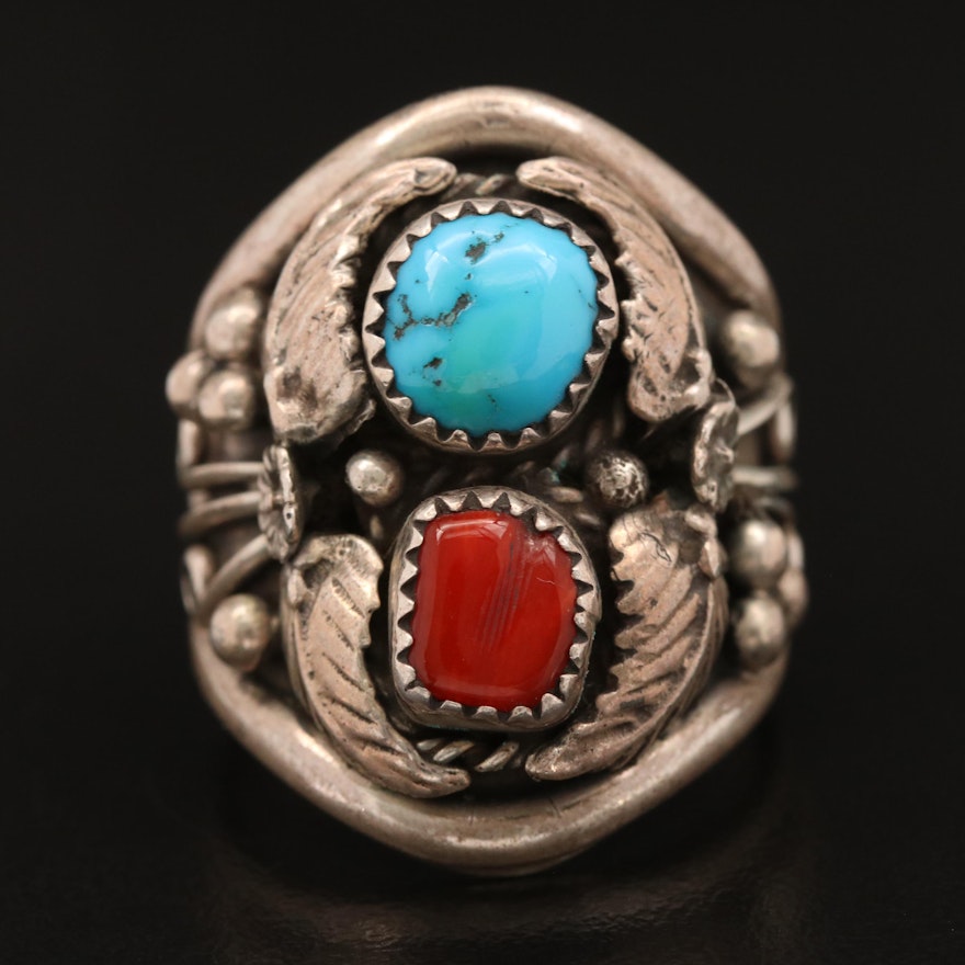 Signed Western Style Sterling Silver Ring with Turquoise and Coral