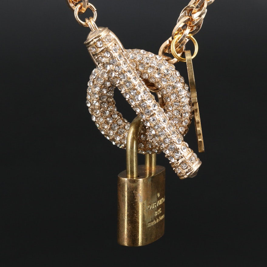 Louis Vuitton Padlock Key on Rhinestone Chain with Pouch