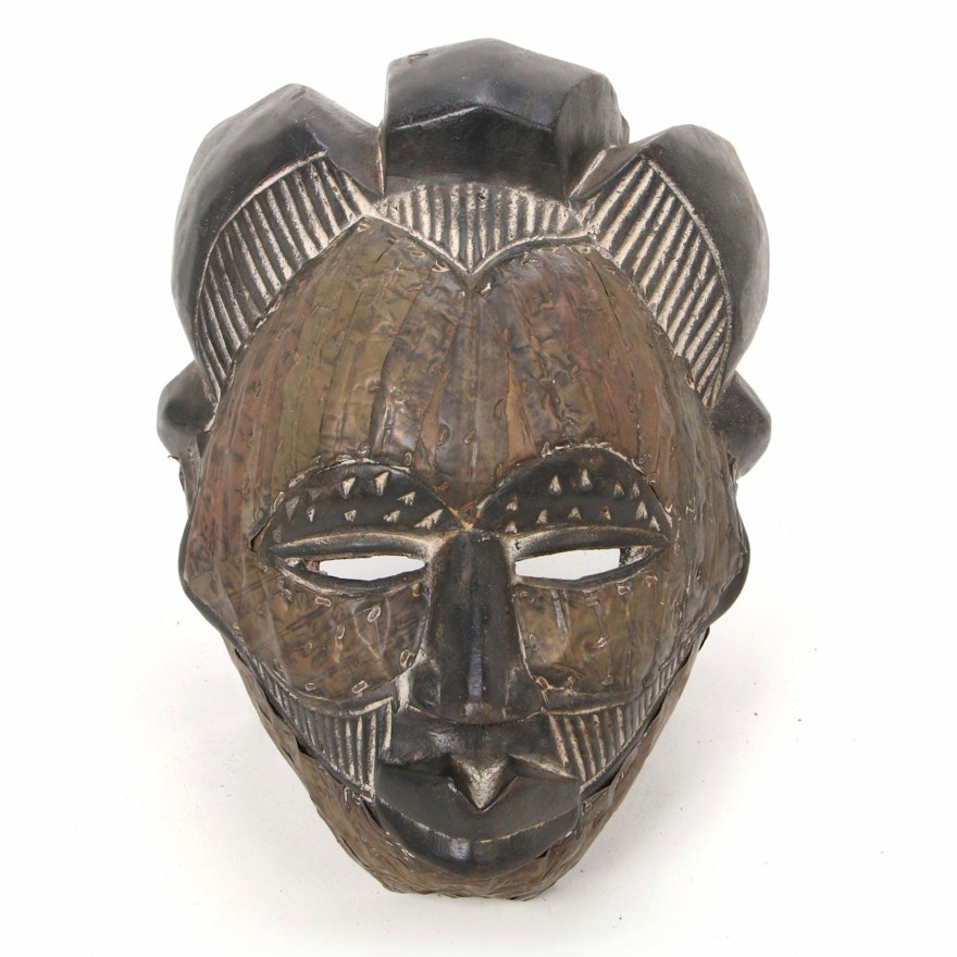 Tikar Style Wood Mask with Metal Embellishments, Cameroon