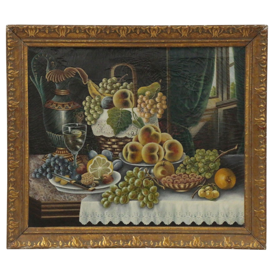Folk Still Life Oil Painting with Fruit, Late 19th Century