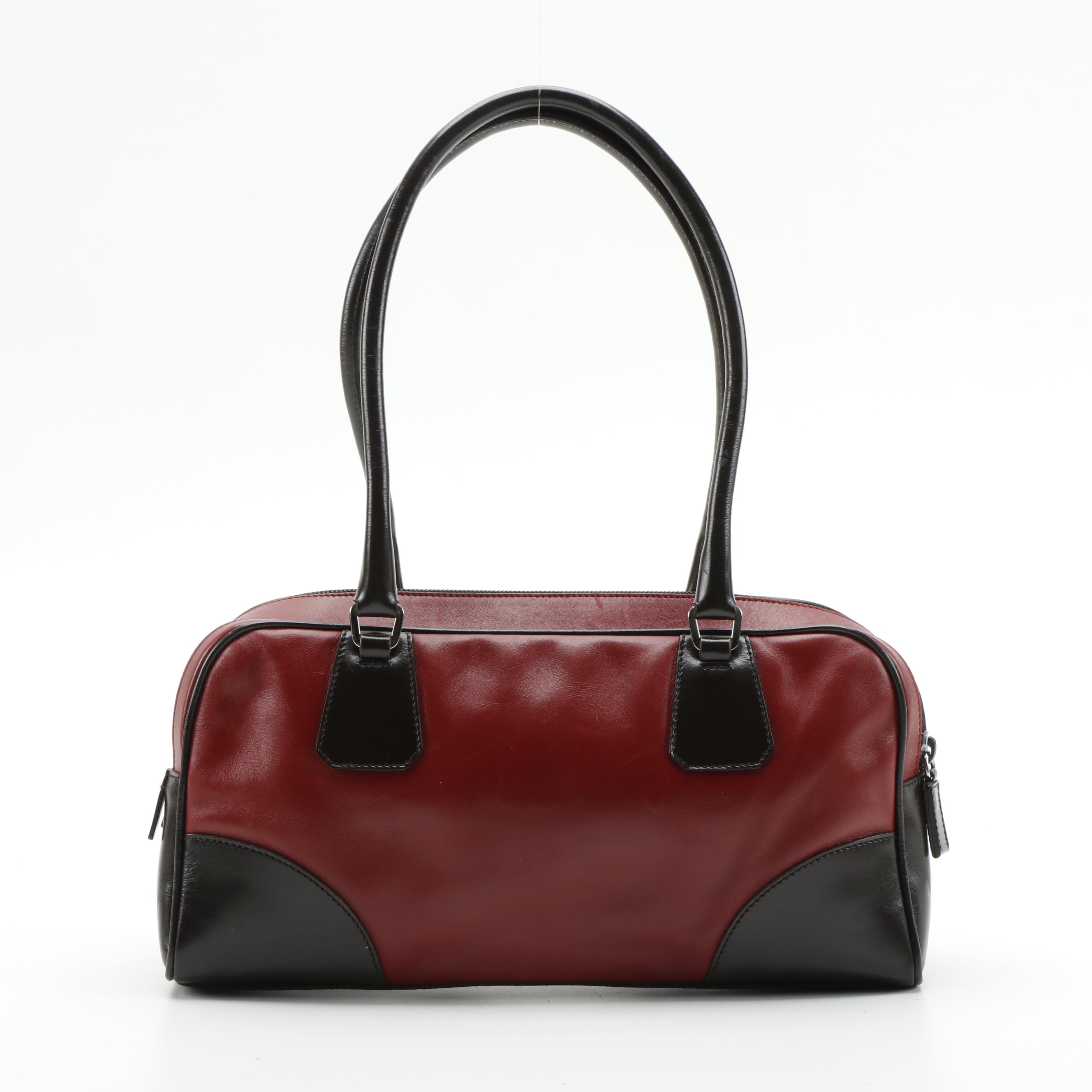 Prada Leather Double Zip Shoulder Bag in Red and Dark Brown
