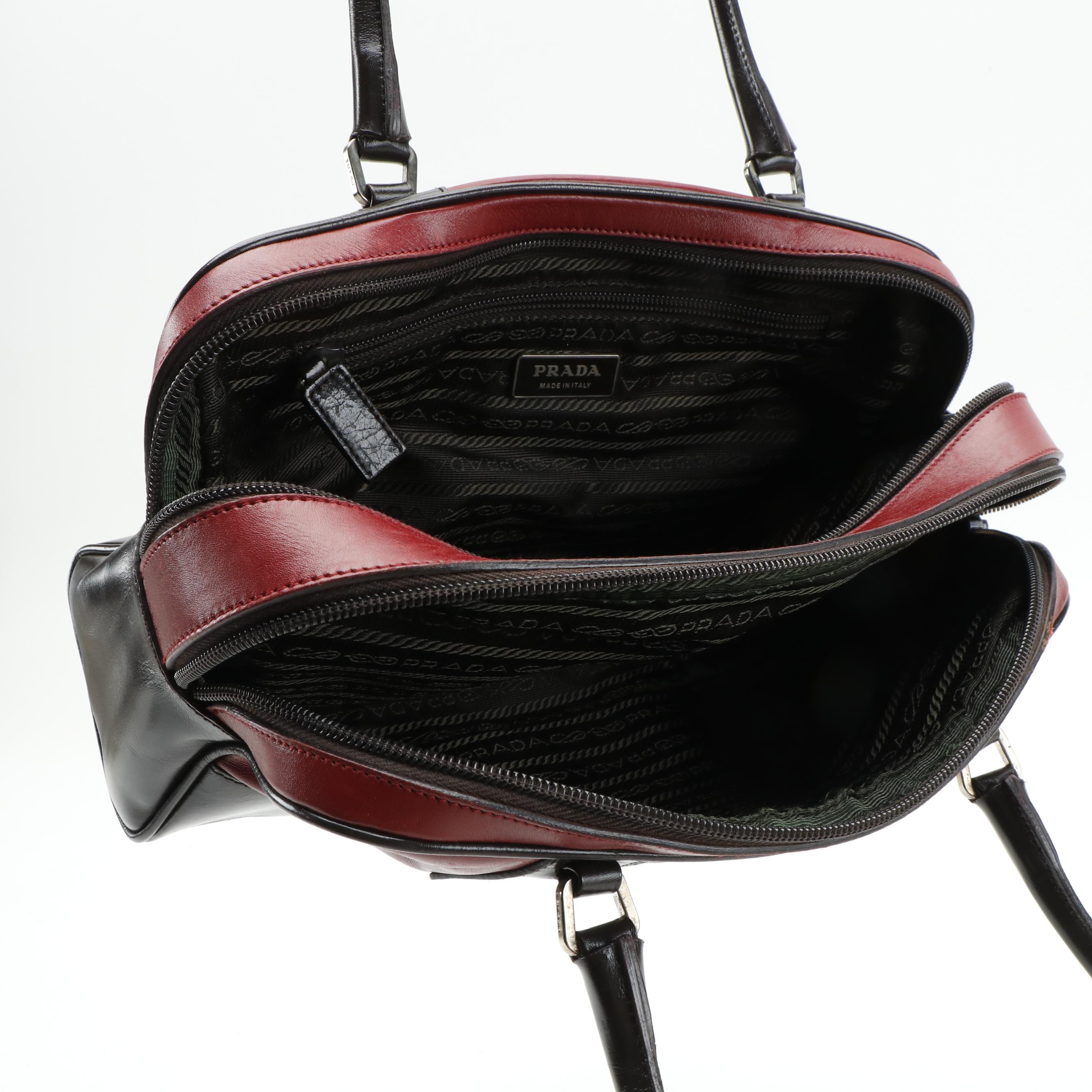 Prada Leather Double Zip Shoulder Bag in Red and Dark Brown