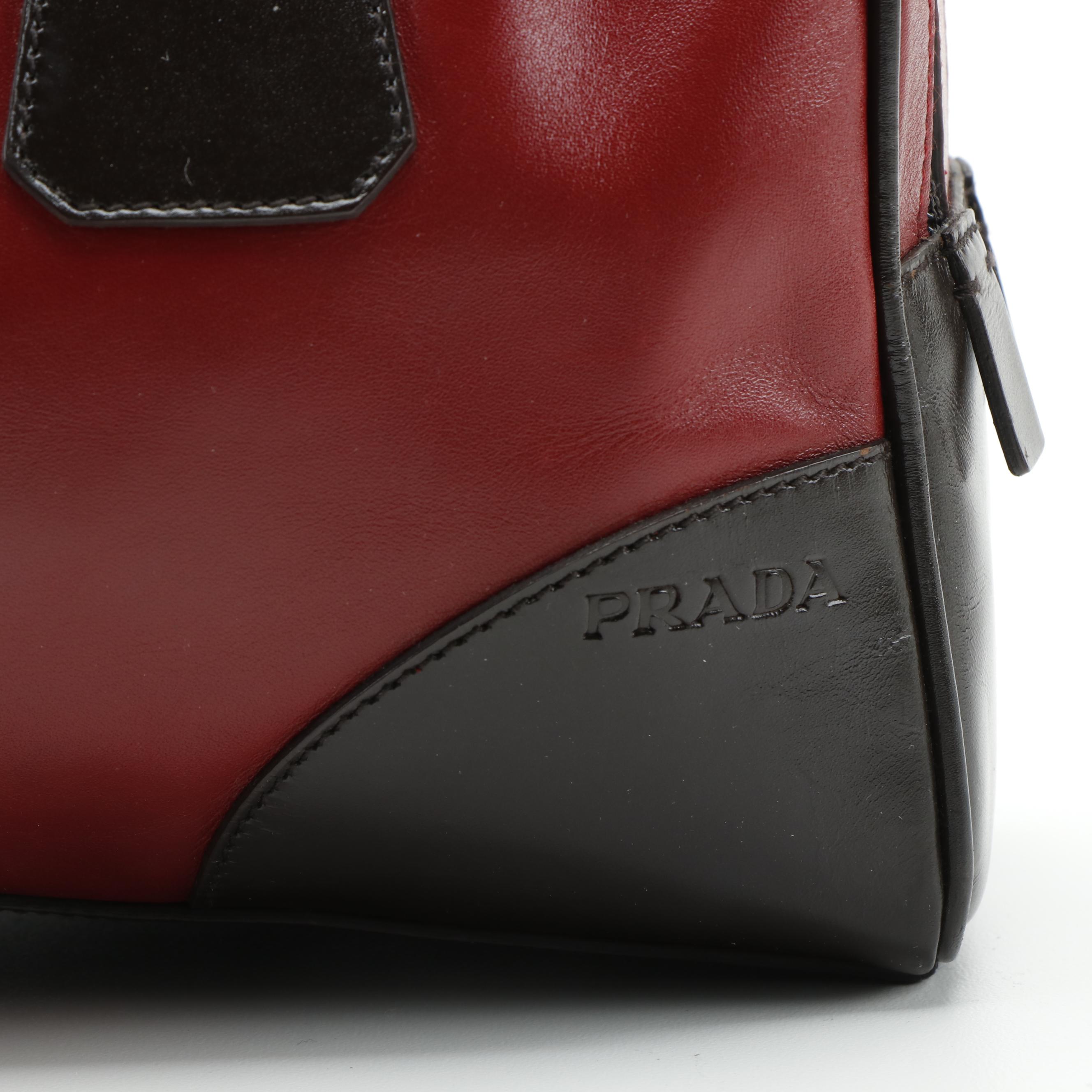 Prada Leather Double Zip Shoulder Bag in Red and Dark Brown