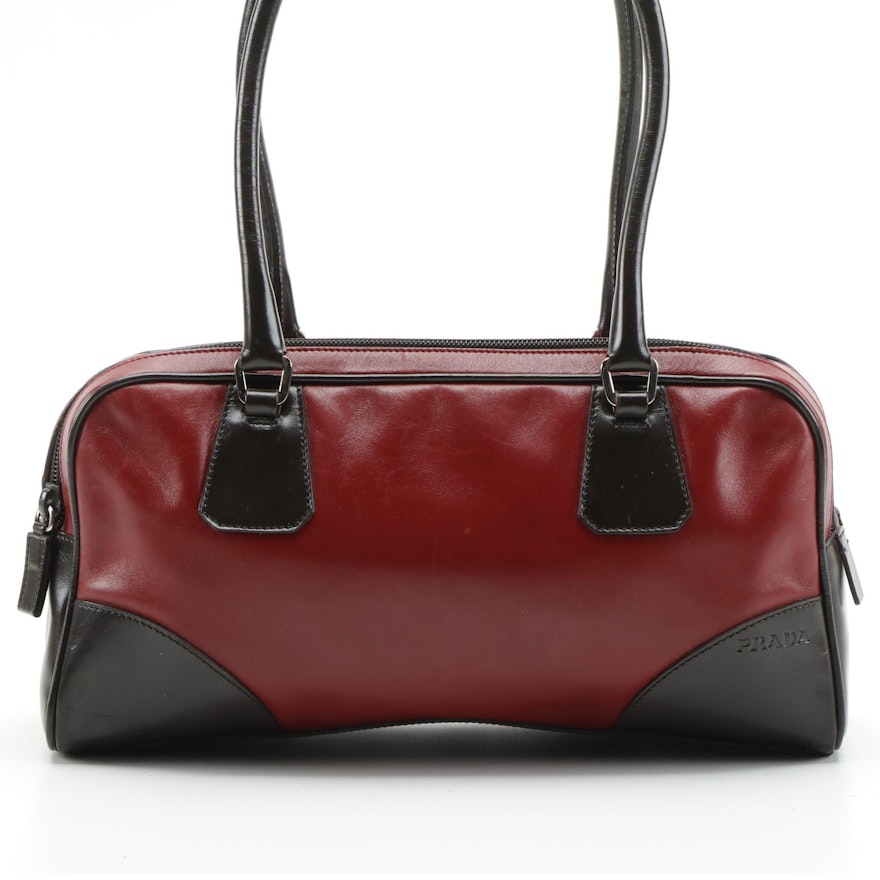 Prada Leather Double Zip Shoulder Bag in Red and Dark Brown