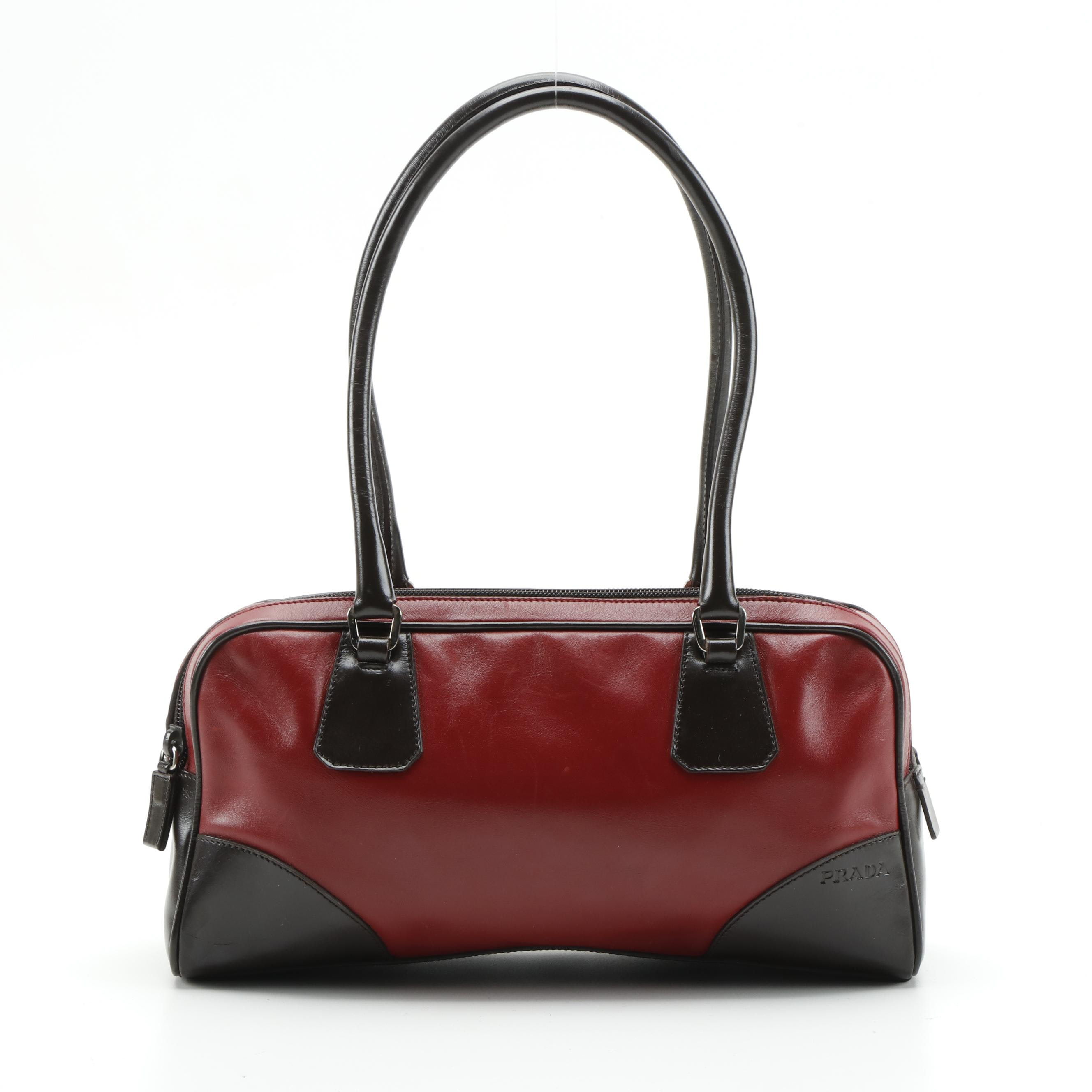 Prada Leather Double Zip Shoulder Bag in Red and Dark Brown