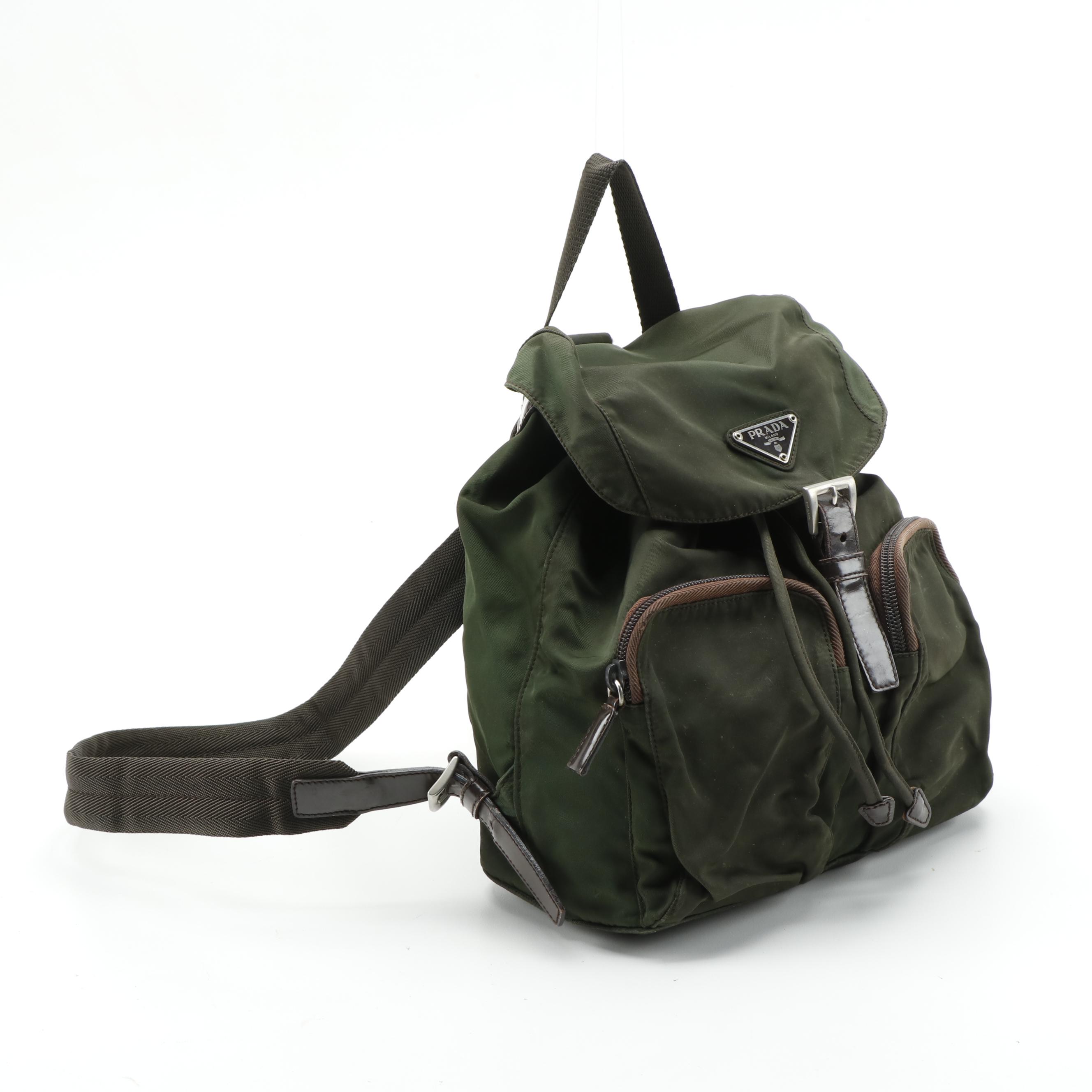Prada Backpack in Dark Green Tessuto Nylon with Canvas Straps