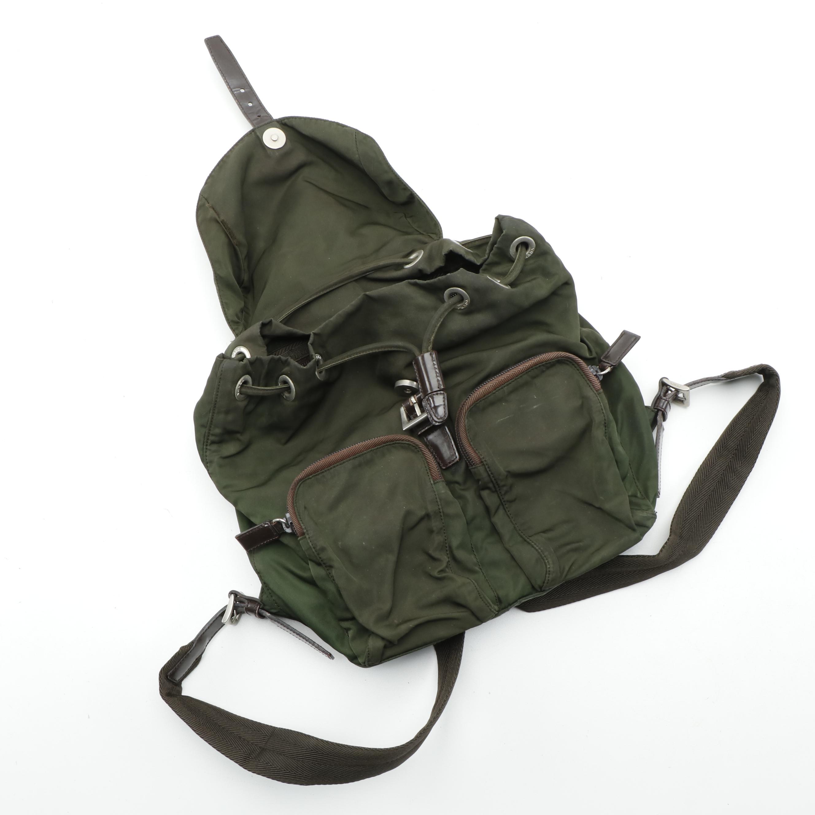 Prada Backpack in Dark Green Tessuto Nylon with Canvas Straps
