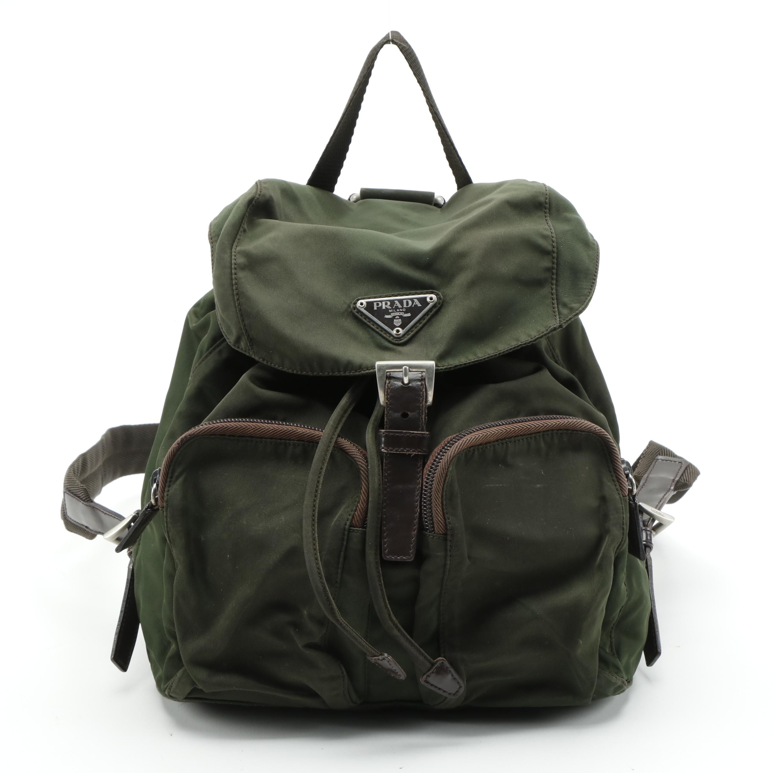 Prada Backpack in Dark Green Tessuto Nylon with Canvas Straps