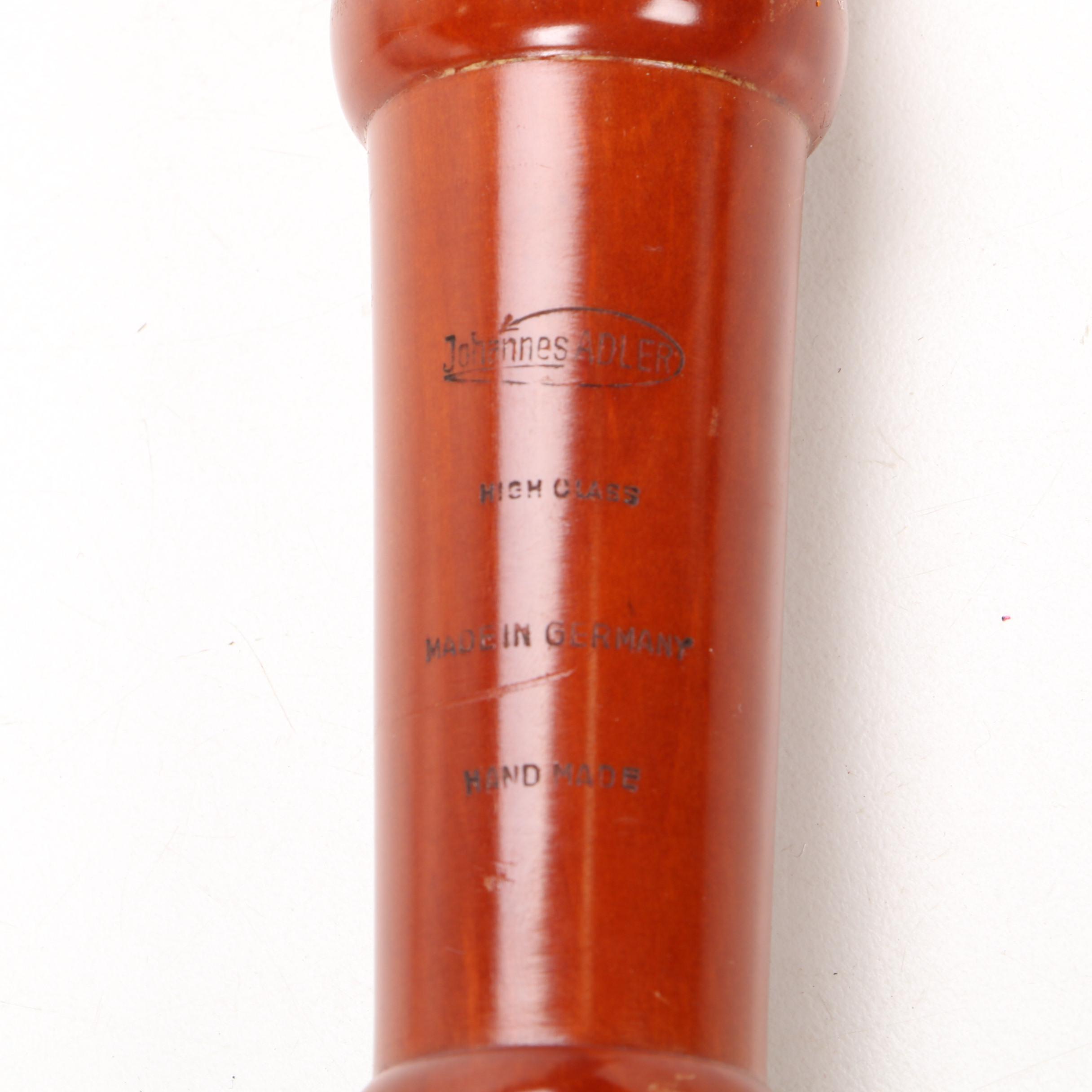 Johannes Adler German Handcrafted Pearwood Recorder, F-Alto, Mid 20th Century