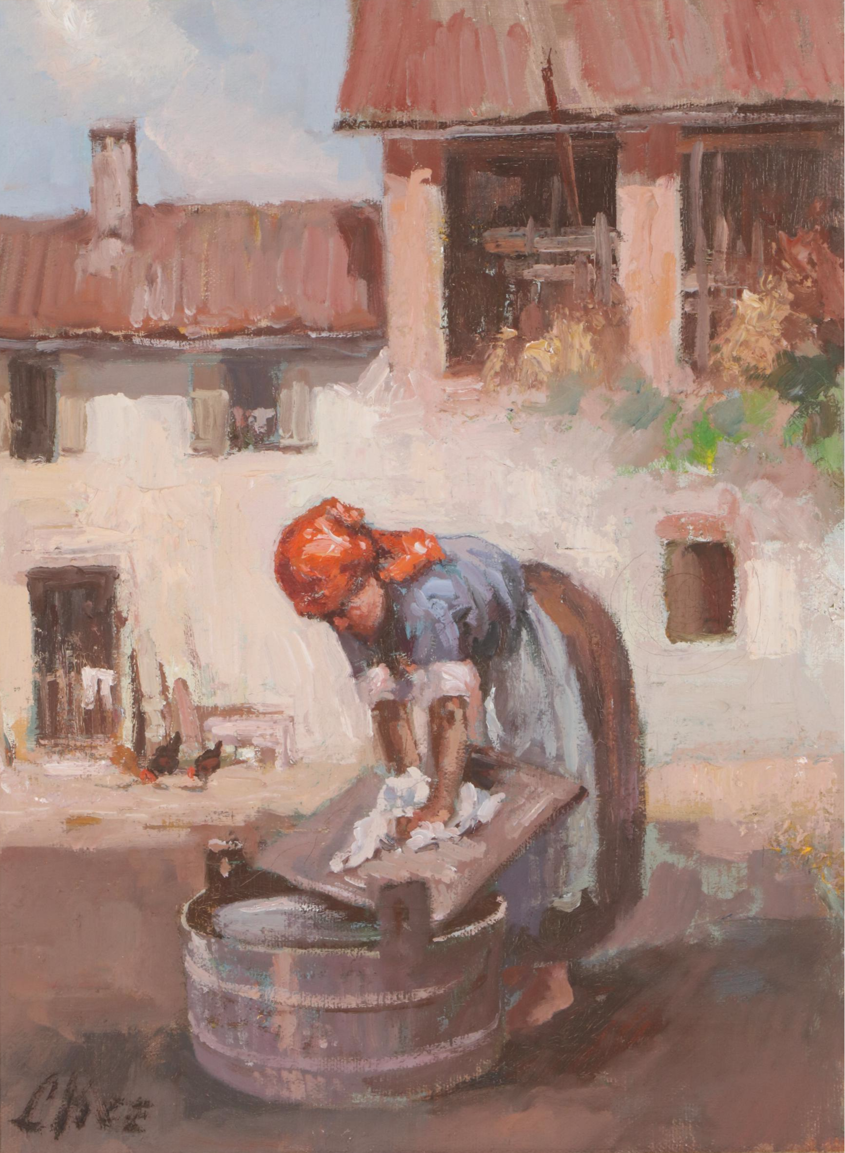Oil Painting of Woman Washing Clothes with Washboard, Late 20th Century
