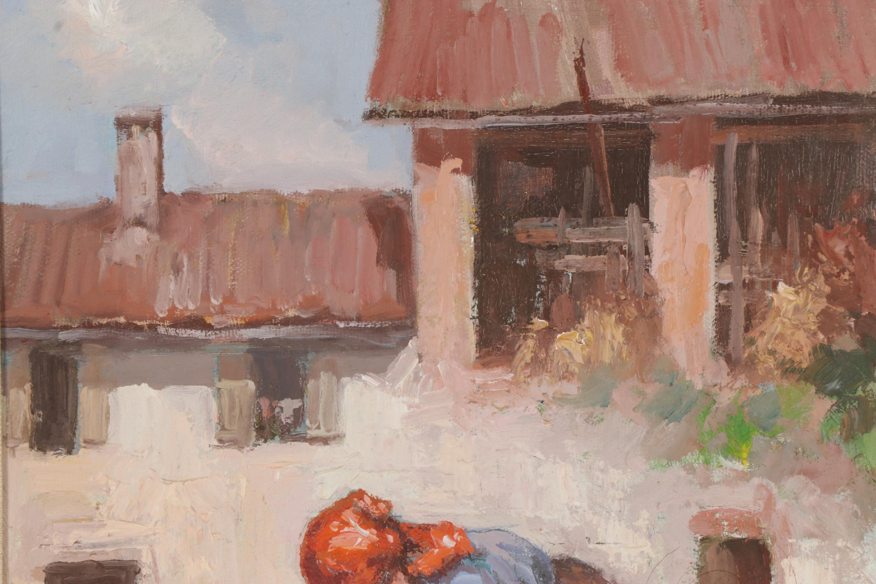 Oil Painting of Woman Washing Clothes with Washboard, Late 20th Century