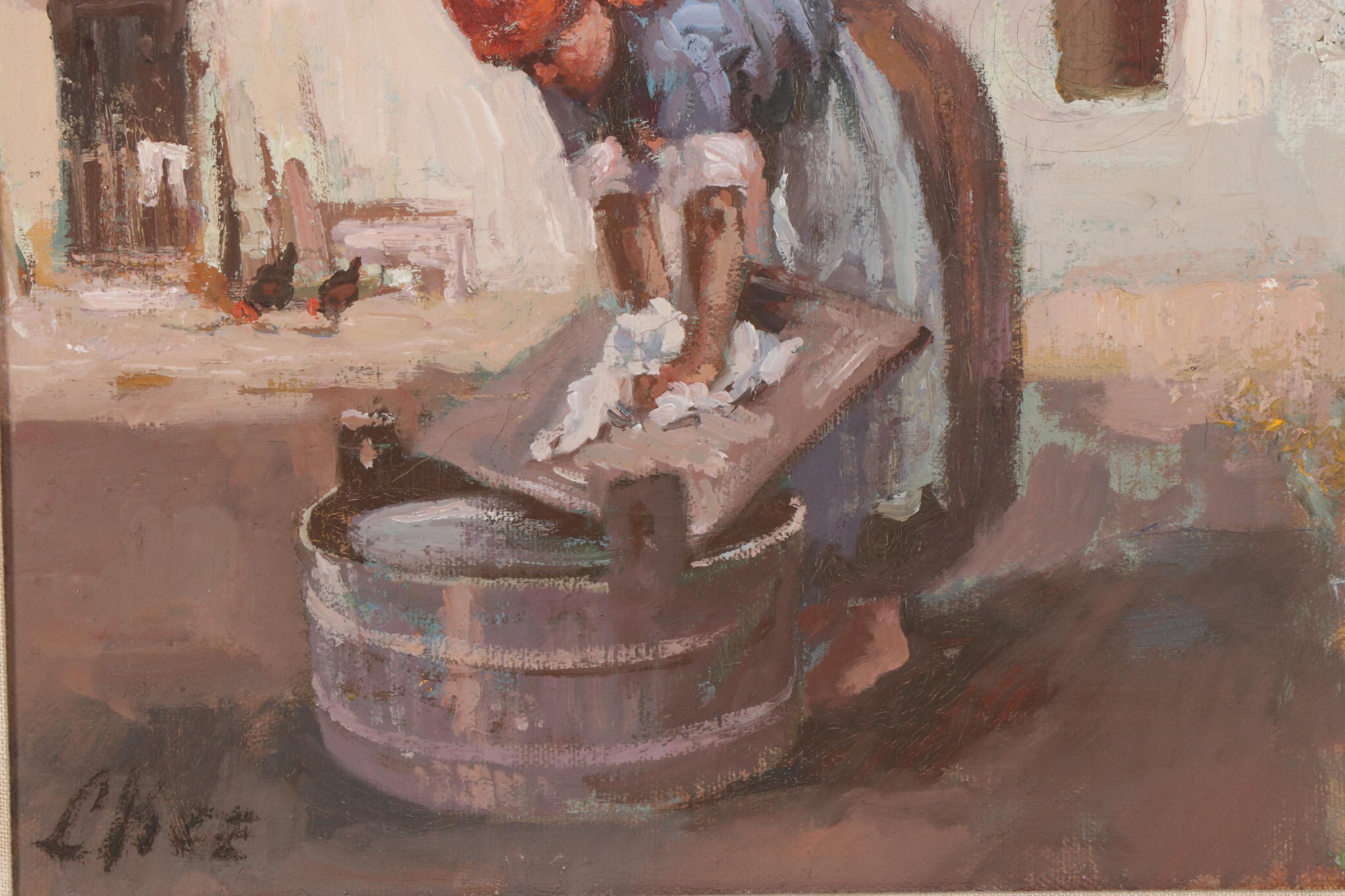 Oil Painting of Woman Washing Clothes with Washboard, Late 20th Century