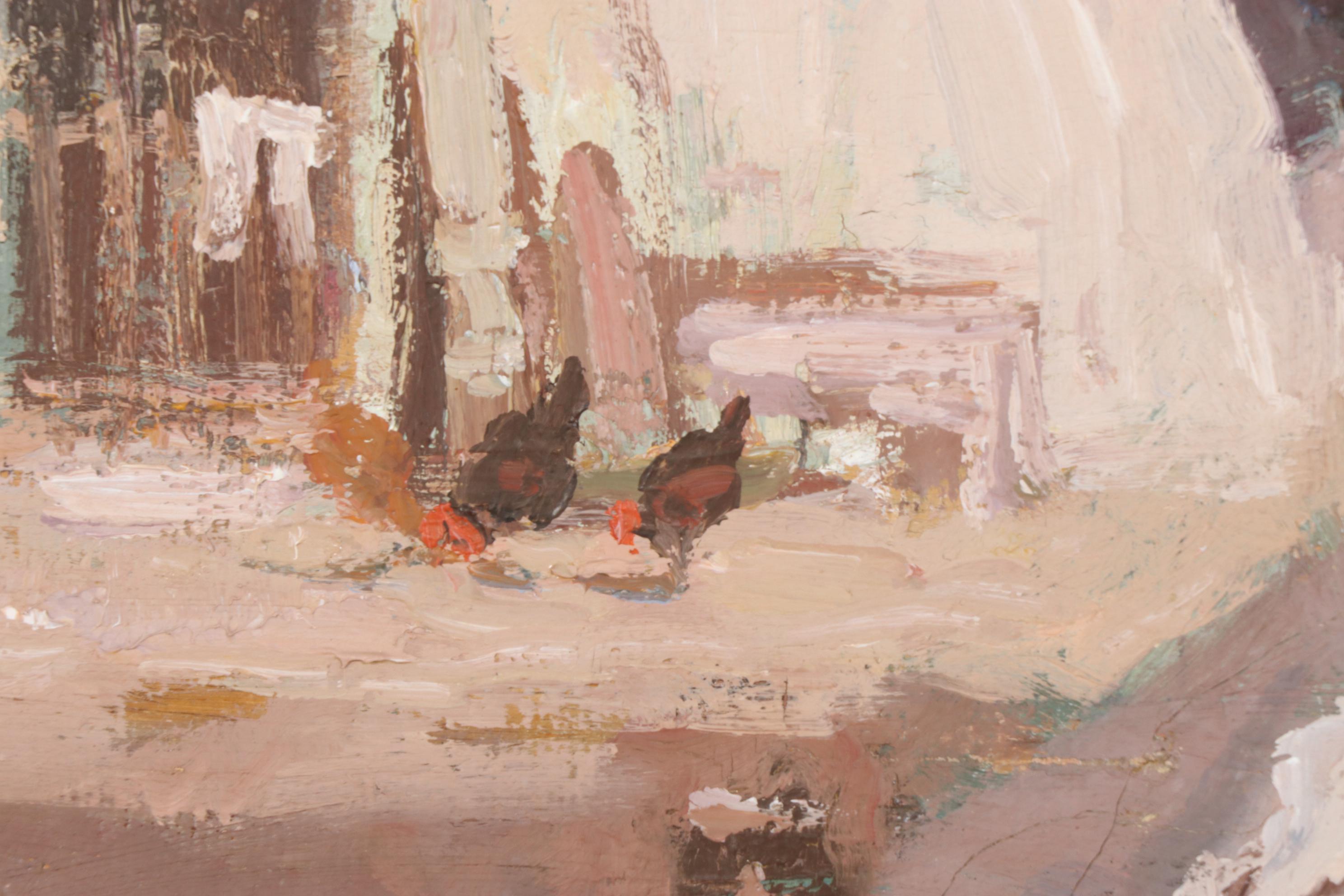 Oil Painting of Woman Washing Clothes with Washboard, Late 20th Century