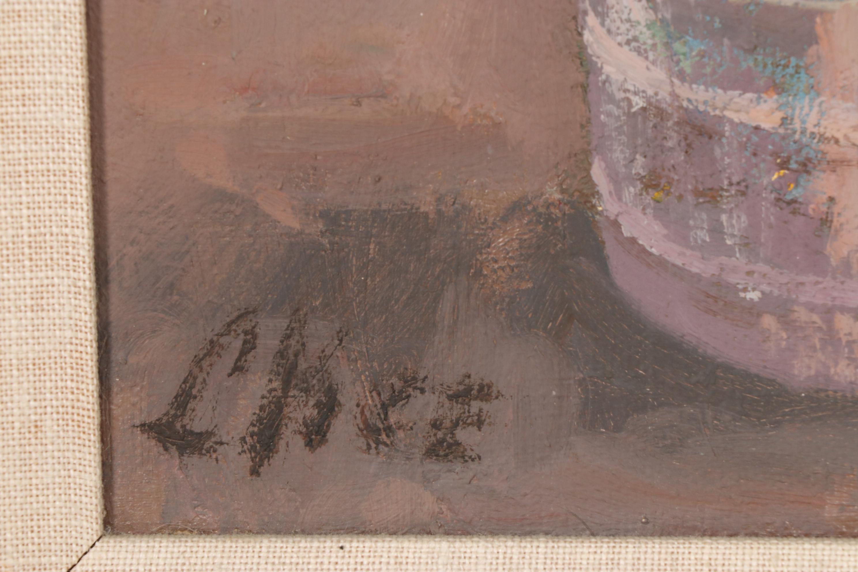 Oil Painting of Woman Washing Clothes with Washboard, Late 20th Century