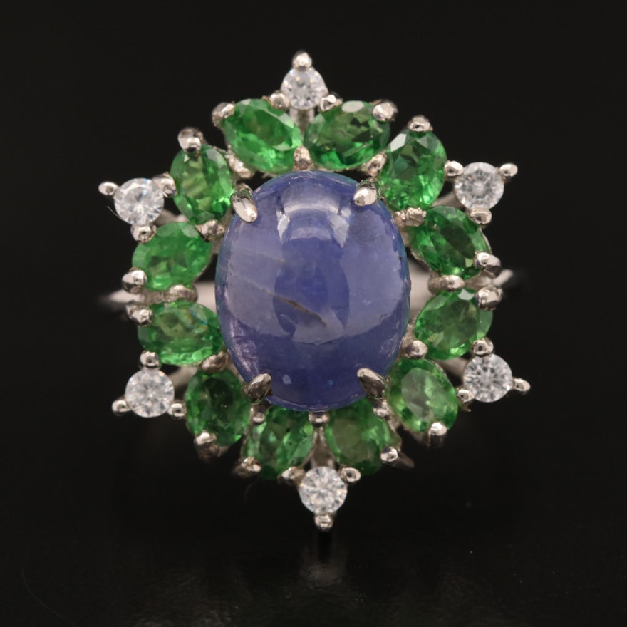 Sterling Tanzanite, Diopside and Cubic Zirconia Ring