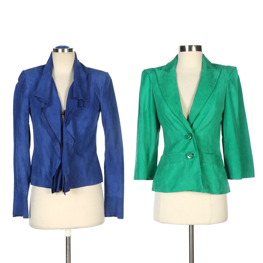 Escada Green Leather Two-Button Blazer and Blue Leather Ruffled Zip Jacket