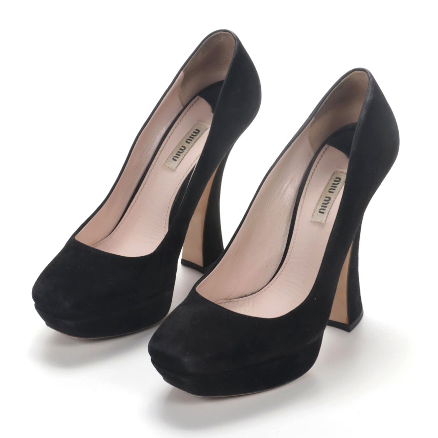 Miu Miu Platform Sculpted High Heel Pumps in Black Suede