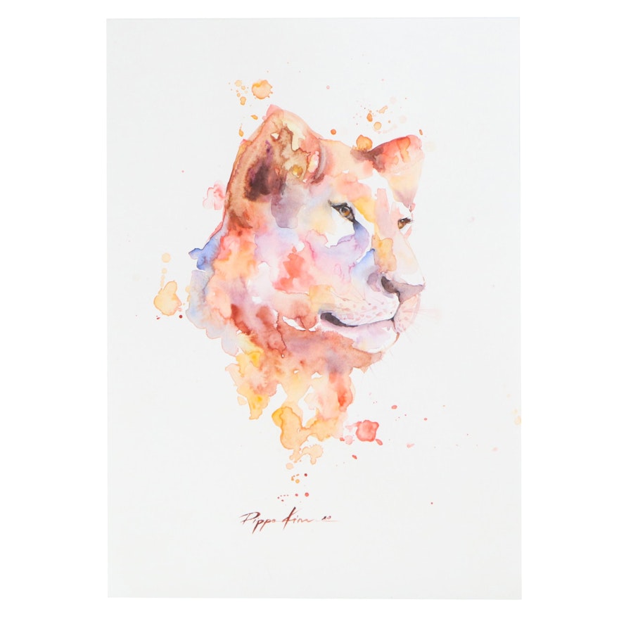 Pippa Kim Watercolor Painting of Female Lion, 2020
