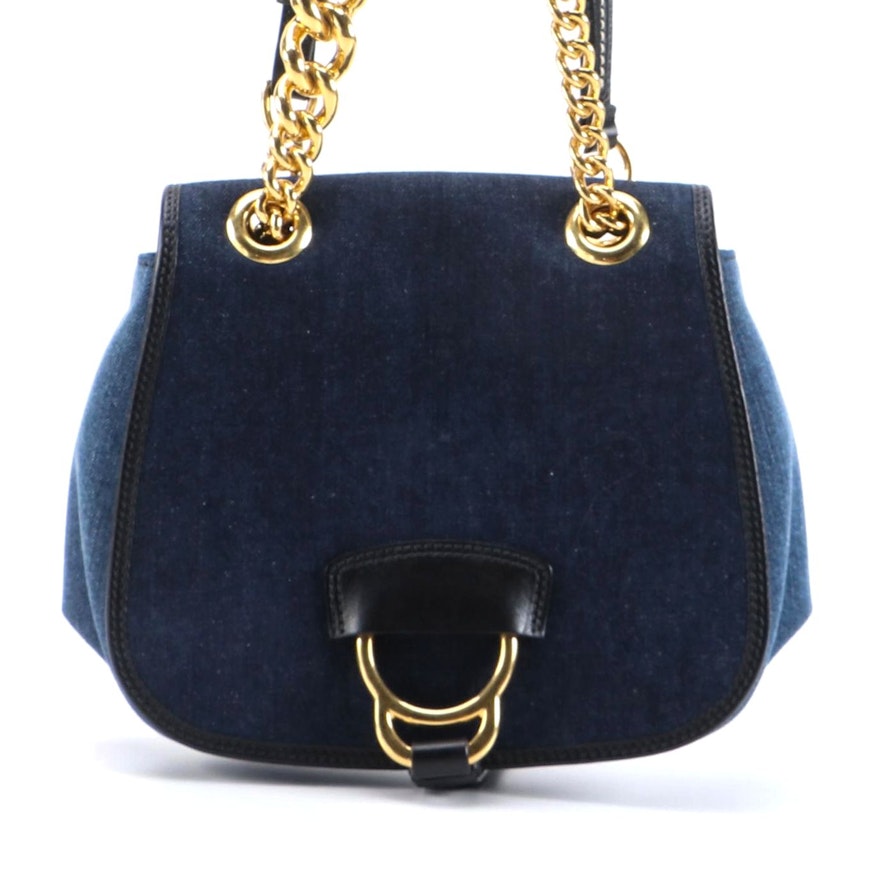 Miu Miu Denim Shoulder Bag with Chain Link and Leather Straps