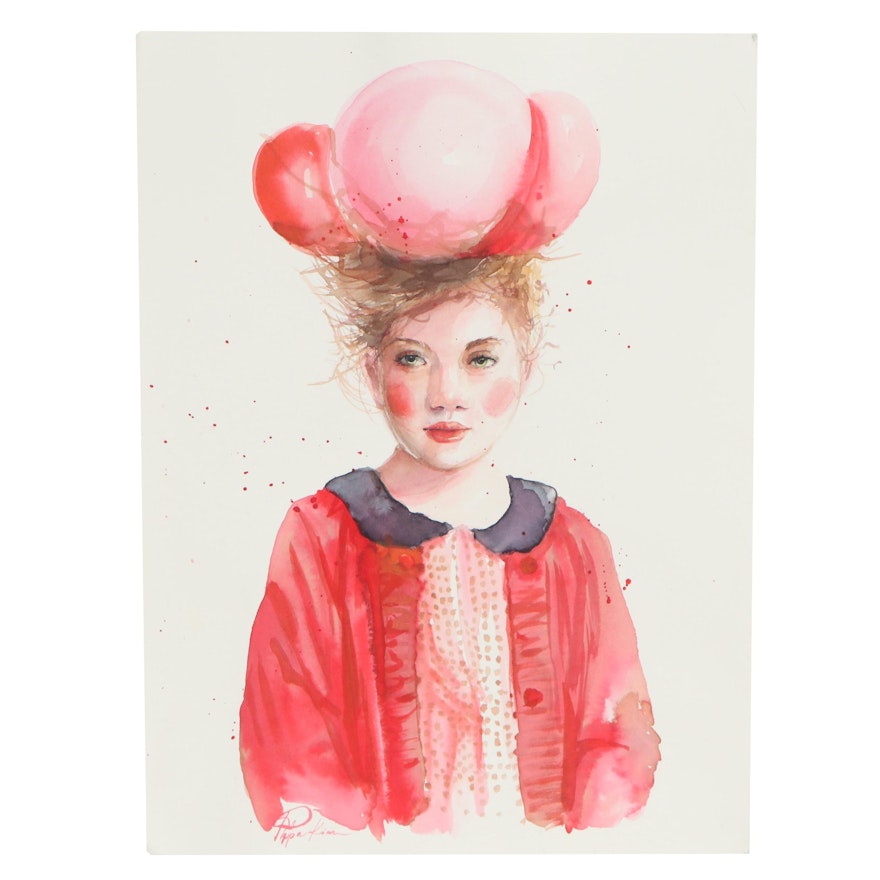 Pippa Kim Watercolor Painting of Girl in Red with Hat, 2020