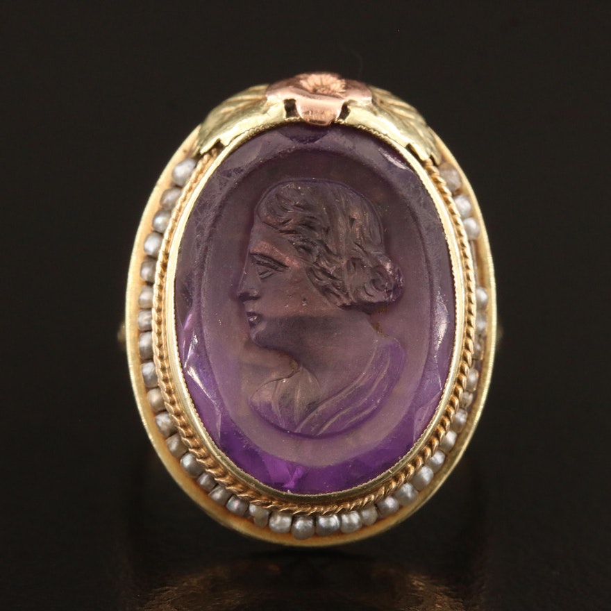 1930s 14K Tri-Color Amethyst Cameo and Pearl Ring
