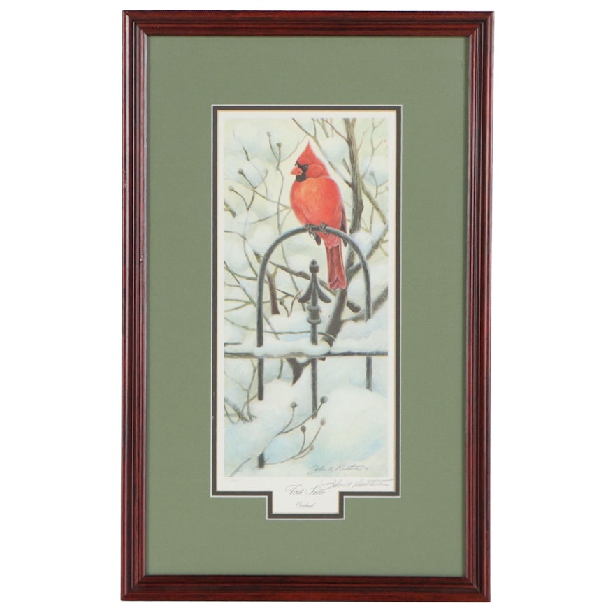 John A. Ruthven Offset Lithograph "First Snow Cardinal," Late 20th Century