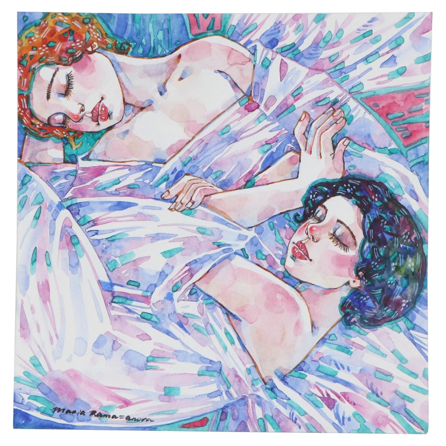 Maria Ramazanova Watercolor Painting of Embracing Women, 2020