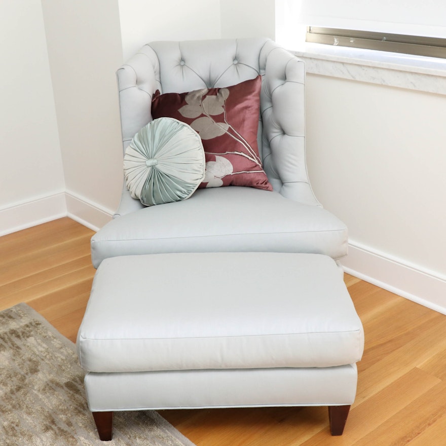 Baker Tufted Pale Blue Armchair with Ottoman