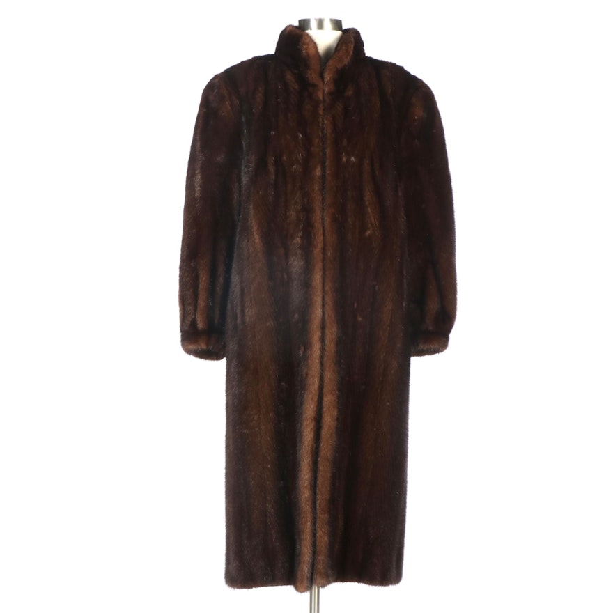 Mink Fur Coat with Banded Cuffs and Embroidered Lining