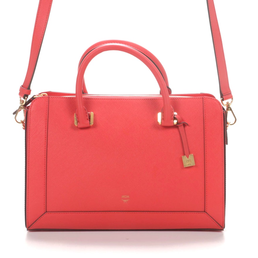 MCM Saffiano Leather Two-Way Satchel in Poppy Red