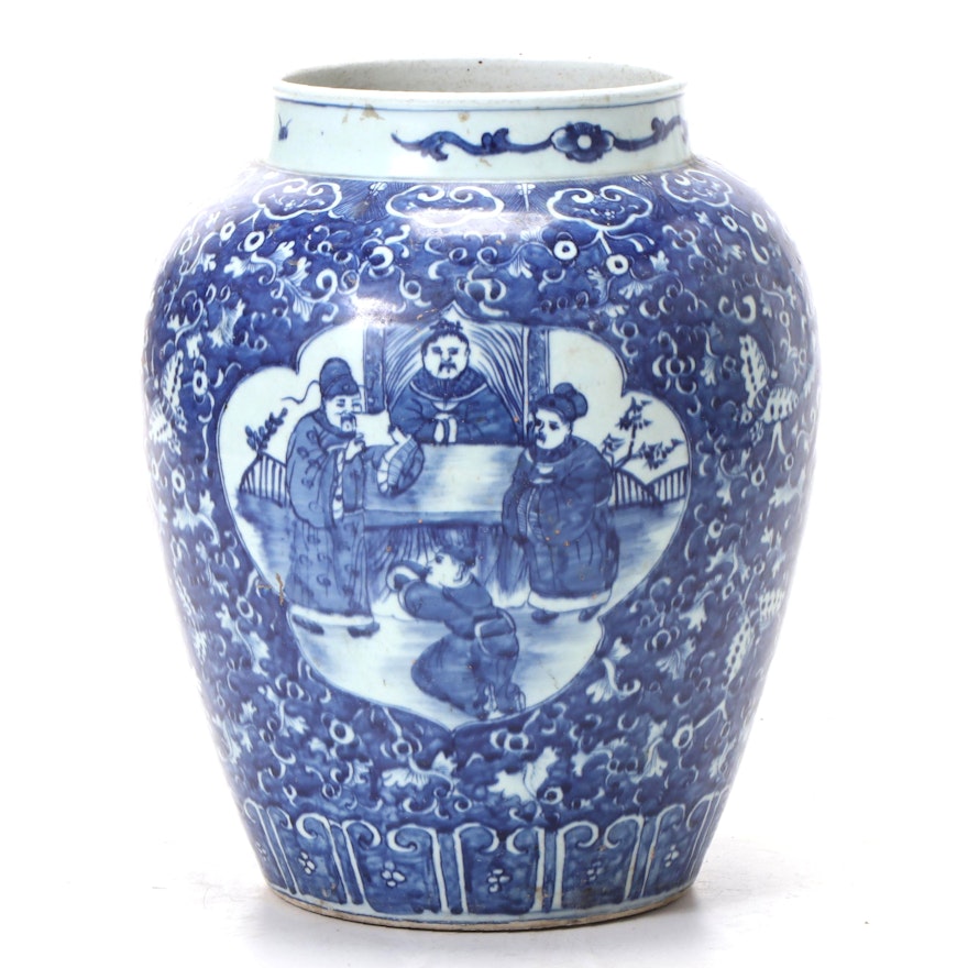 Chinese Blue and White Porcelain Ginger Jar with Immortals, 20th Century